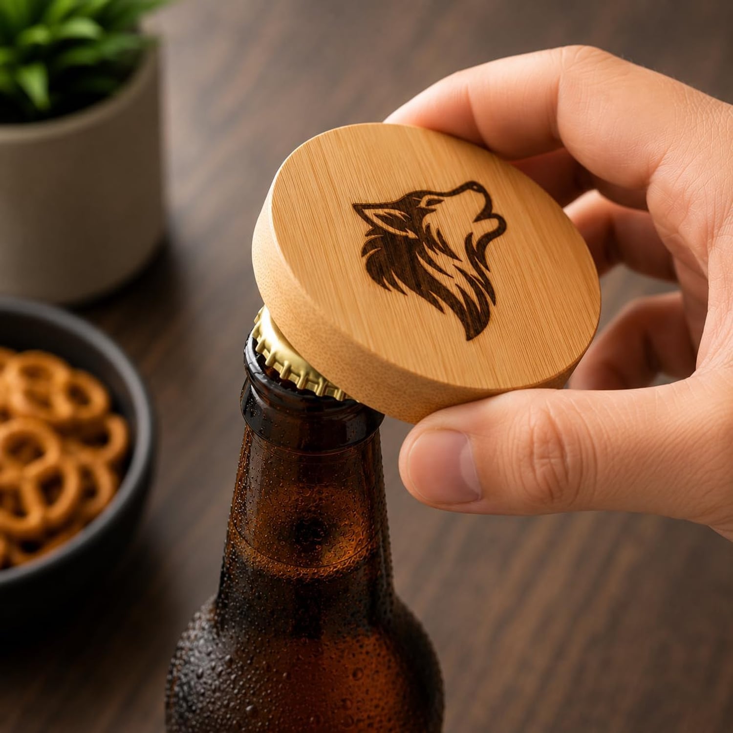 Wolf Engraved Wooden Bottle Opener with Magnetic Back