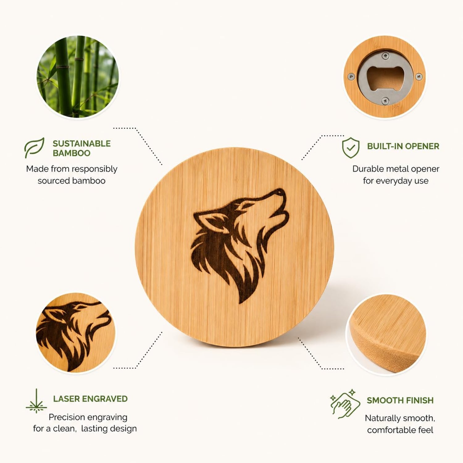 Wolf Engraved Wooden Bottle Opener with Magnetic Back