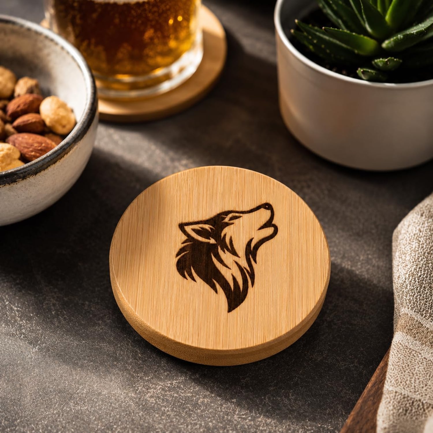 Wolf Engraved Wooden Bottle Opener with Magnetic Back