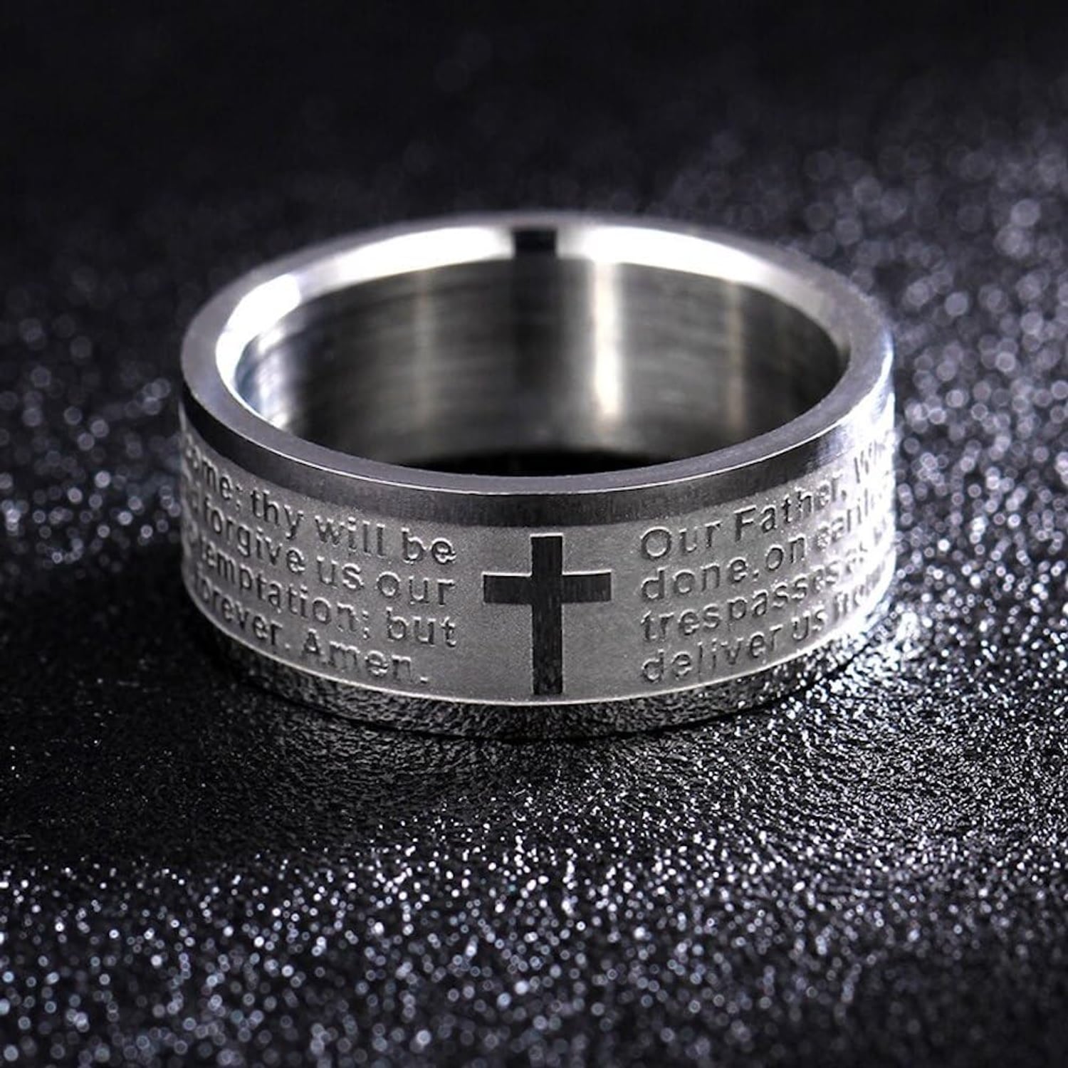 Engraved Lord's Prayer Ring with Latin Cross