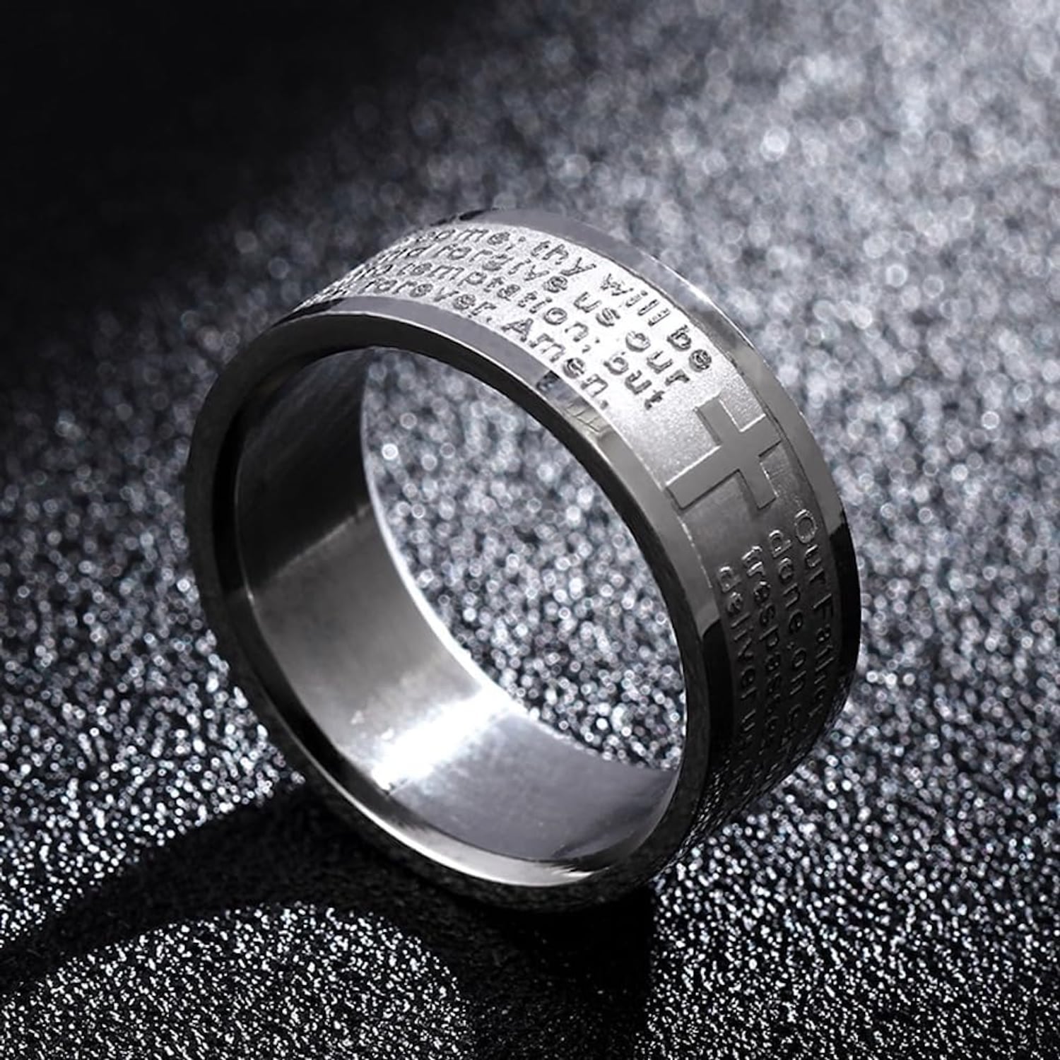 Engraved Lord's Prayer Ring with Latin Cross