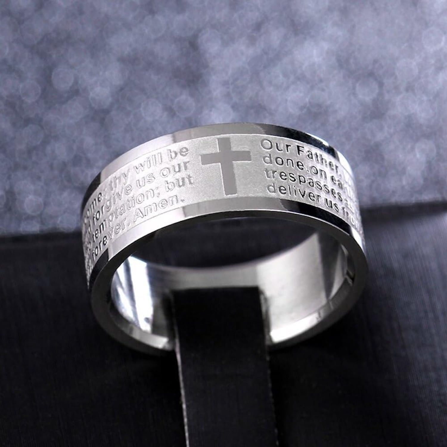 Engraved Lord's Prayer Ring with Latin Cross