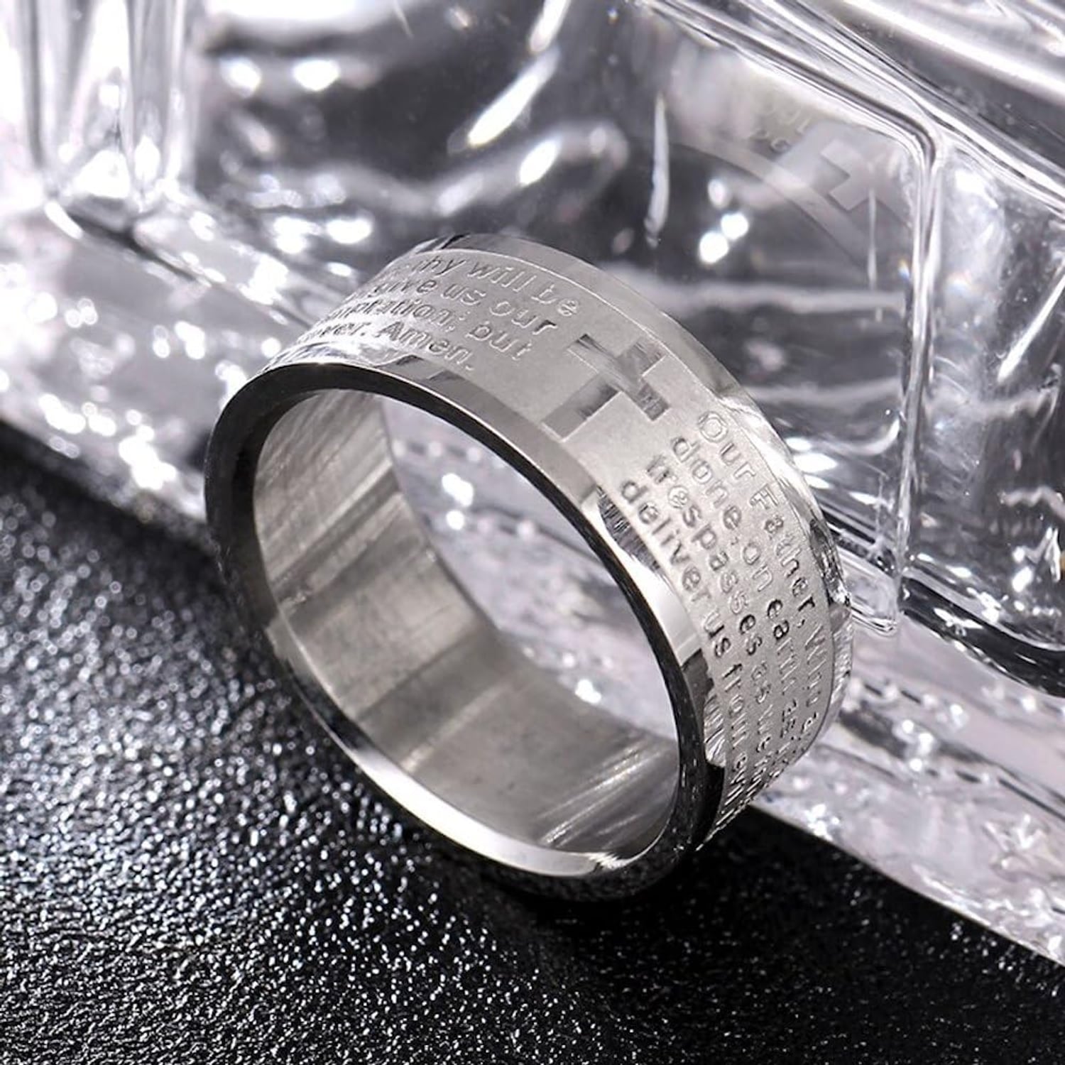 Engraved Lord's Prayer Ring with Latin Cross