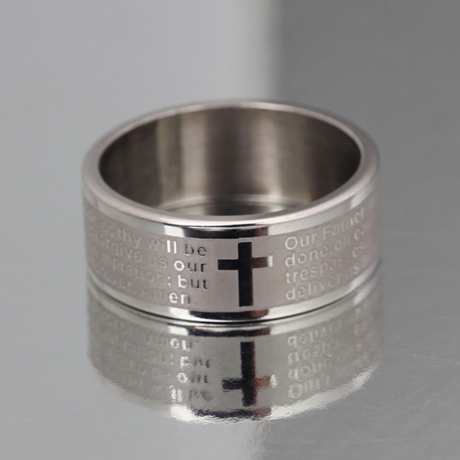 Engraved Lord's Prayer Ring with Latin Cross
