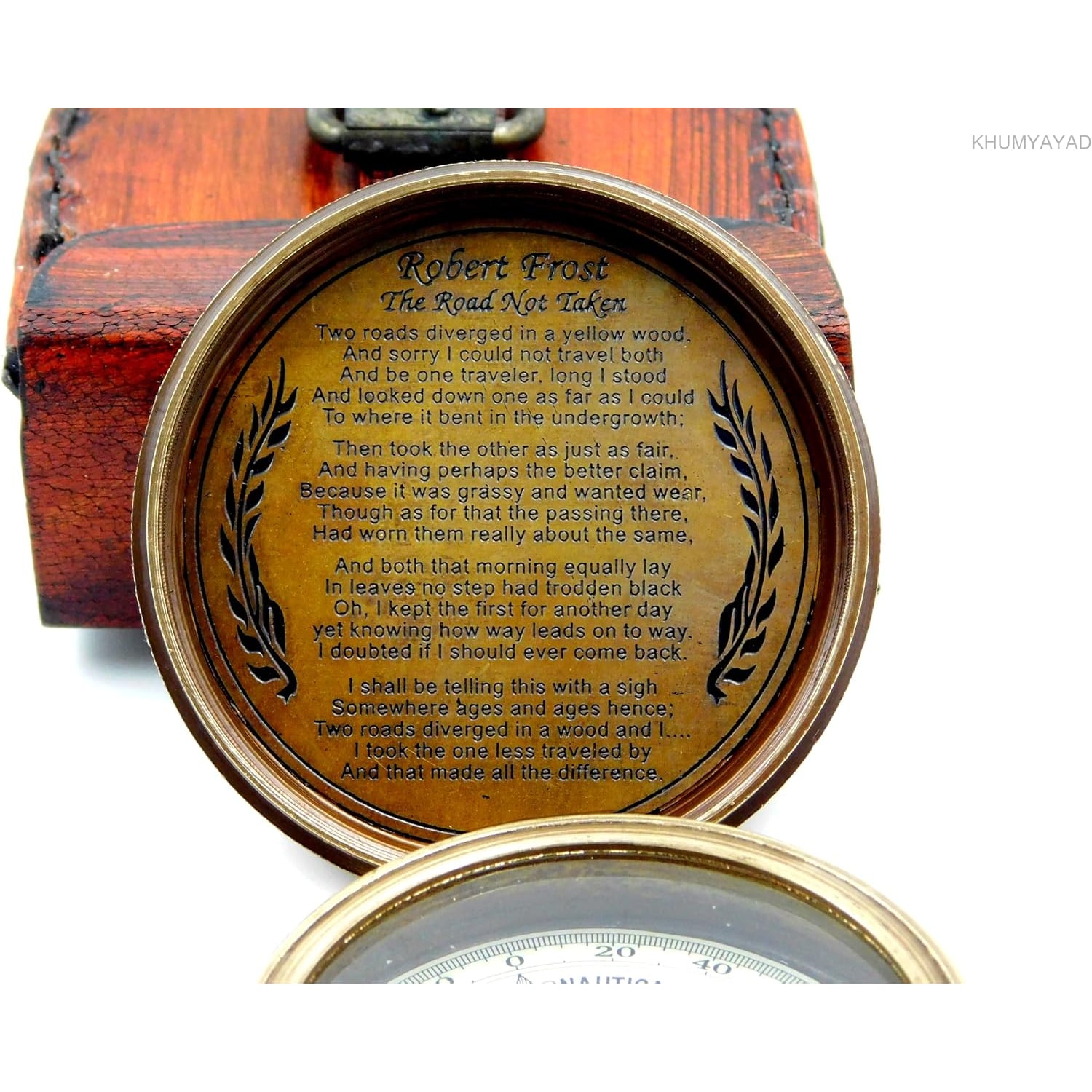 Engraved Brass Pocket Compass with Robert Frost Poem and Leather Case