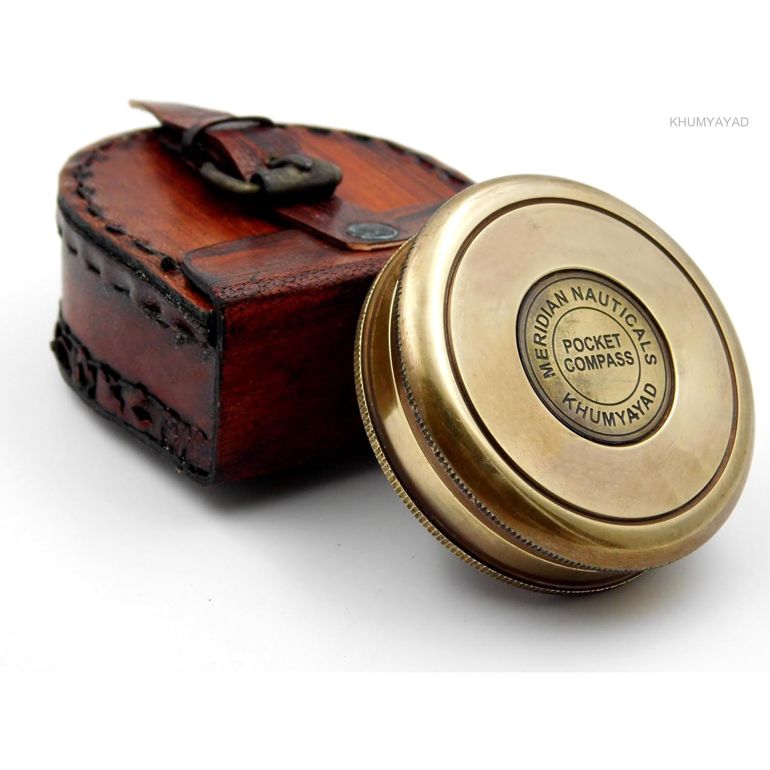 Engraved Brass Pocket Compass with Robert Frost Poem and Leather Case