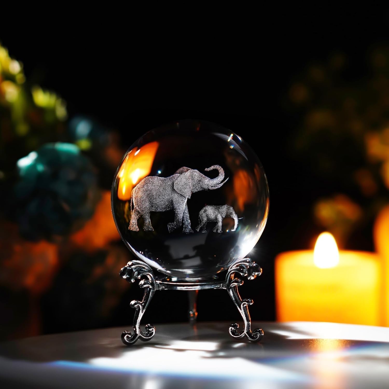 Engraved Crystal Ball with Mother and Son Elephants