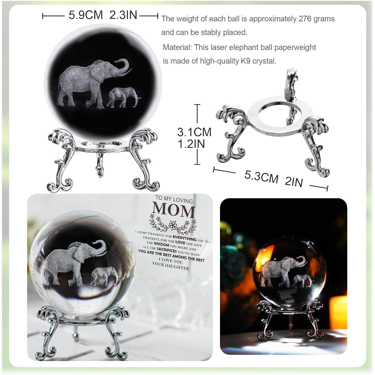 Engraved Crystal Ball with Mother and Son Elephants
