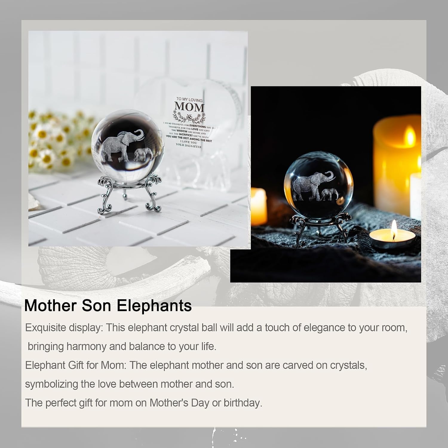 Engraved Crystal Ball with Mother and Son Elephants