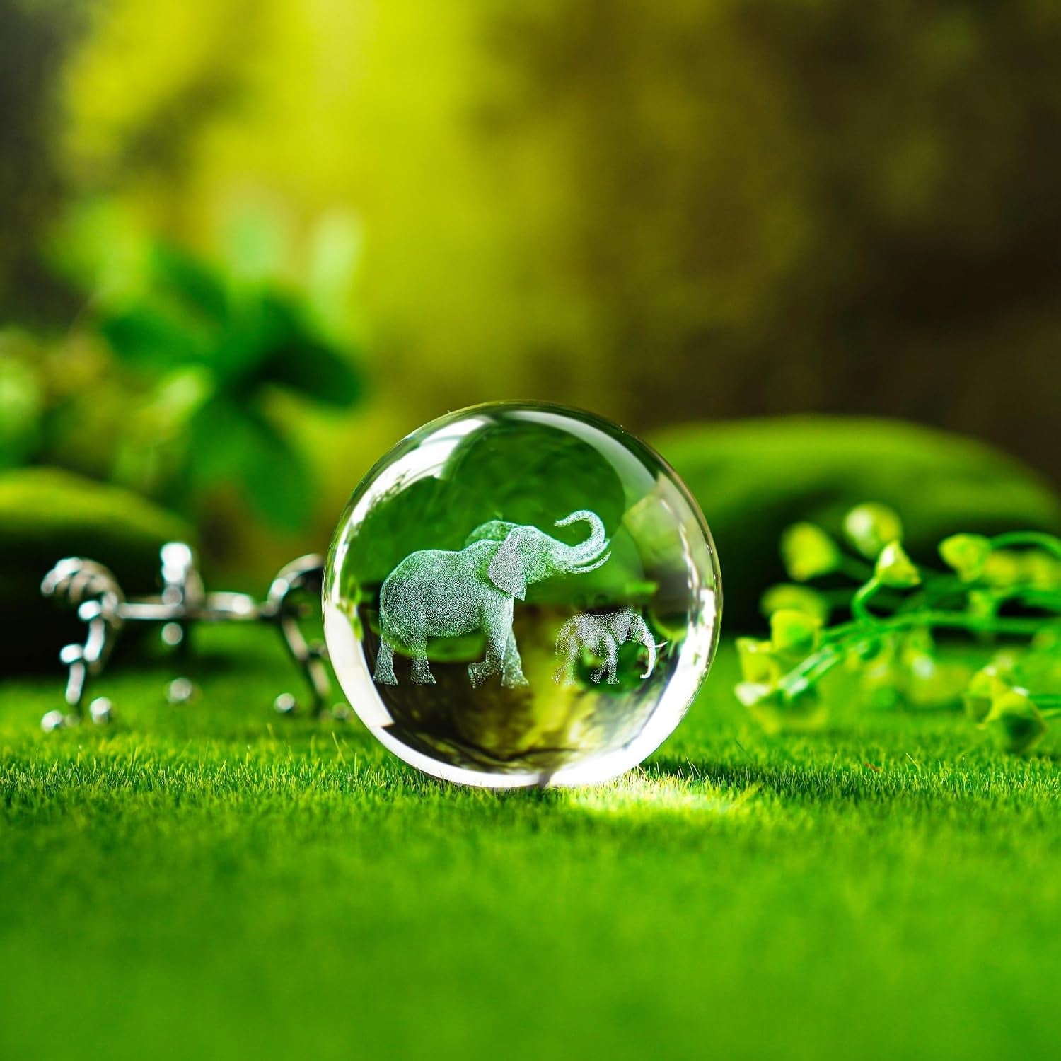 Engraved Crystal Ball with Mother and Son Elephants