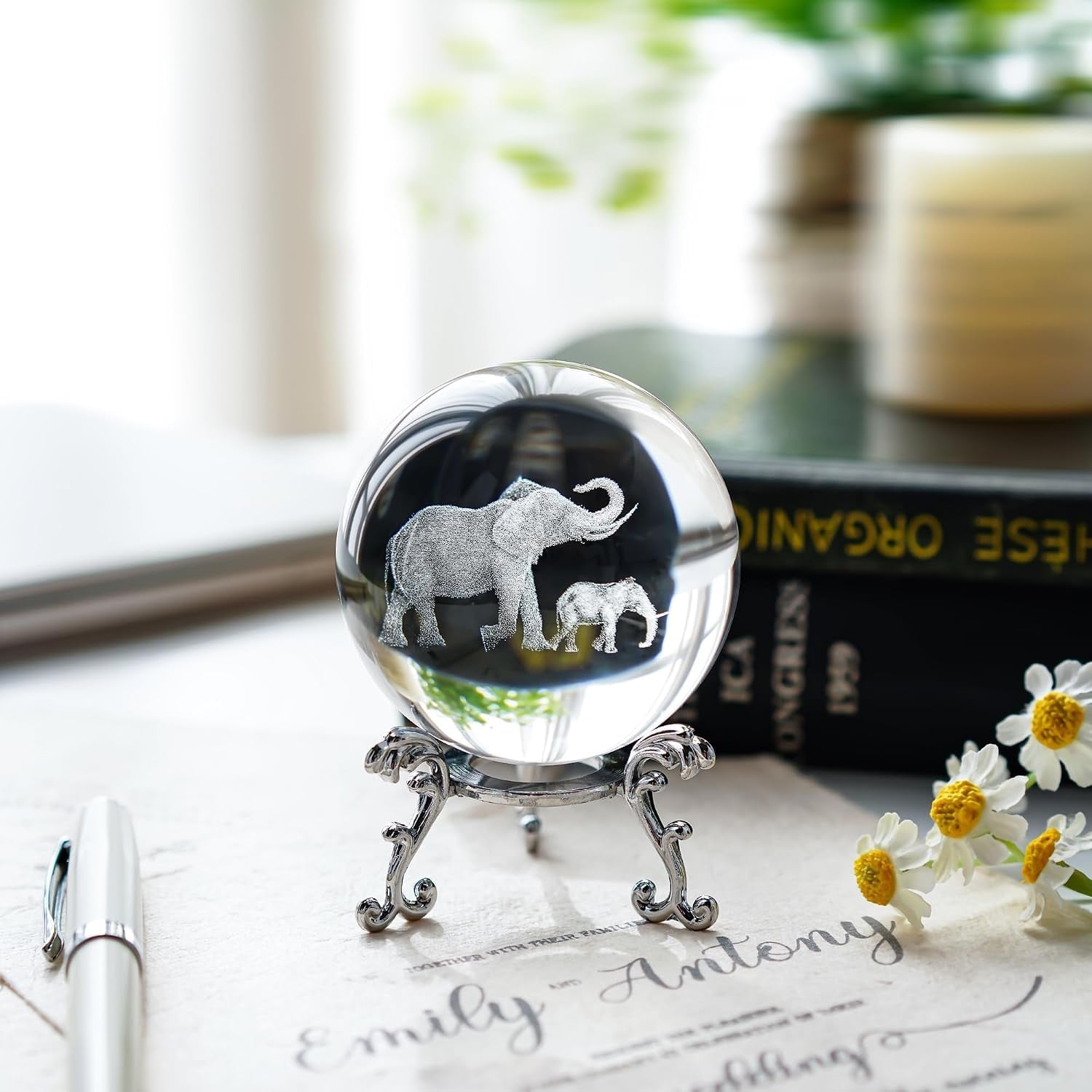 Engraved Crystal Ball with Mother and Son Elephants