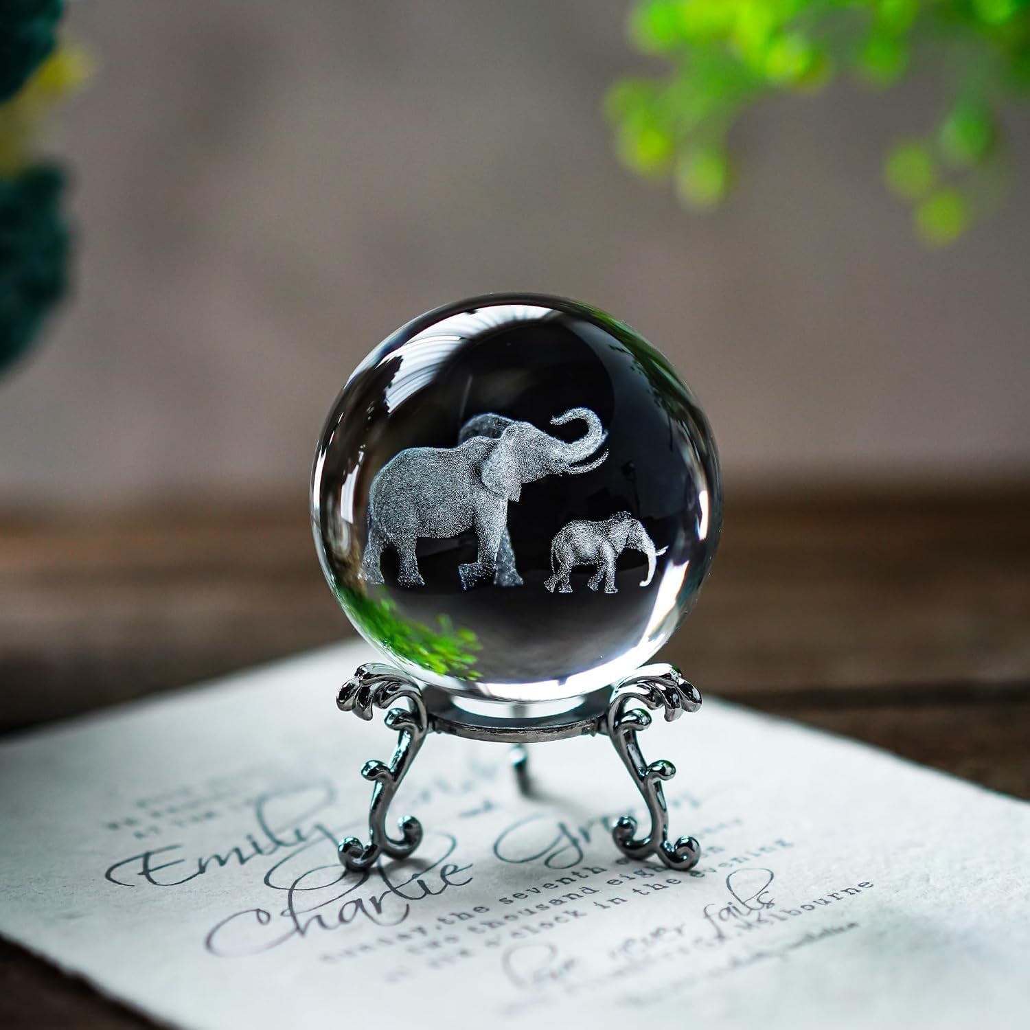 Engraved Crystal Ball with Mother and Son Elephants: image 7