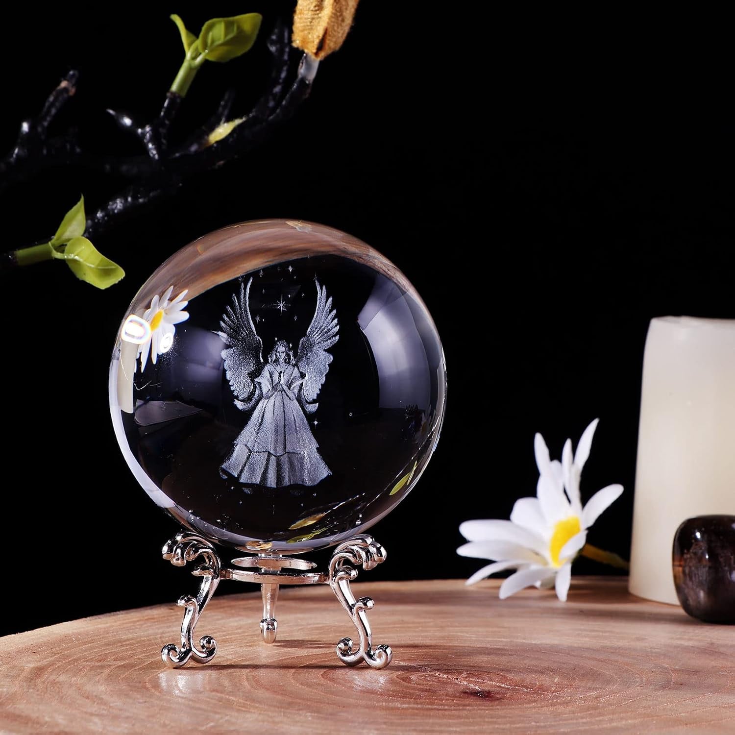 Guardian Angel Engraved Crystal Ball with Silver Stand