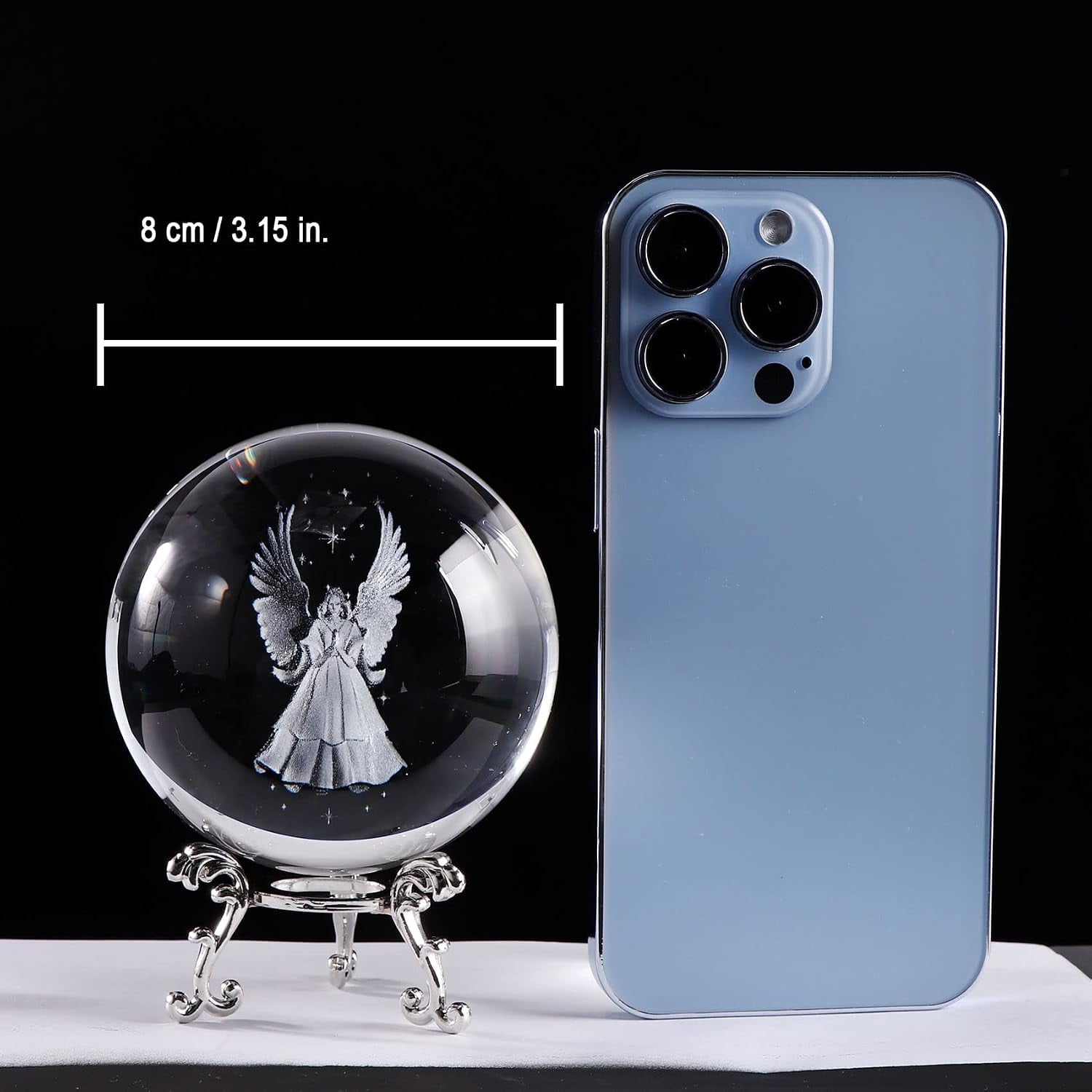 Guardian Angel Engraved Crystal Ball with Silver Stand
