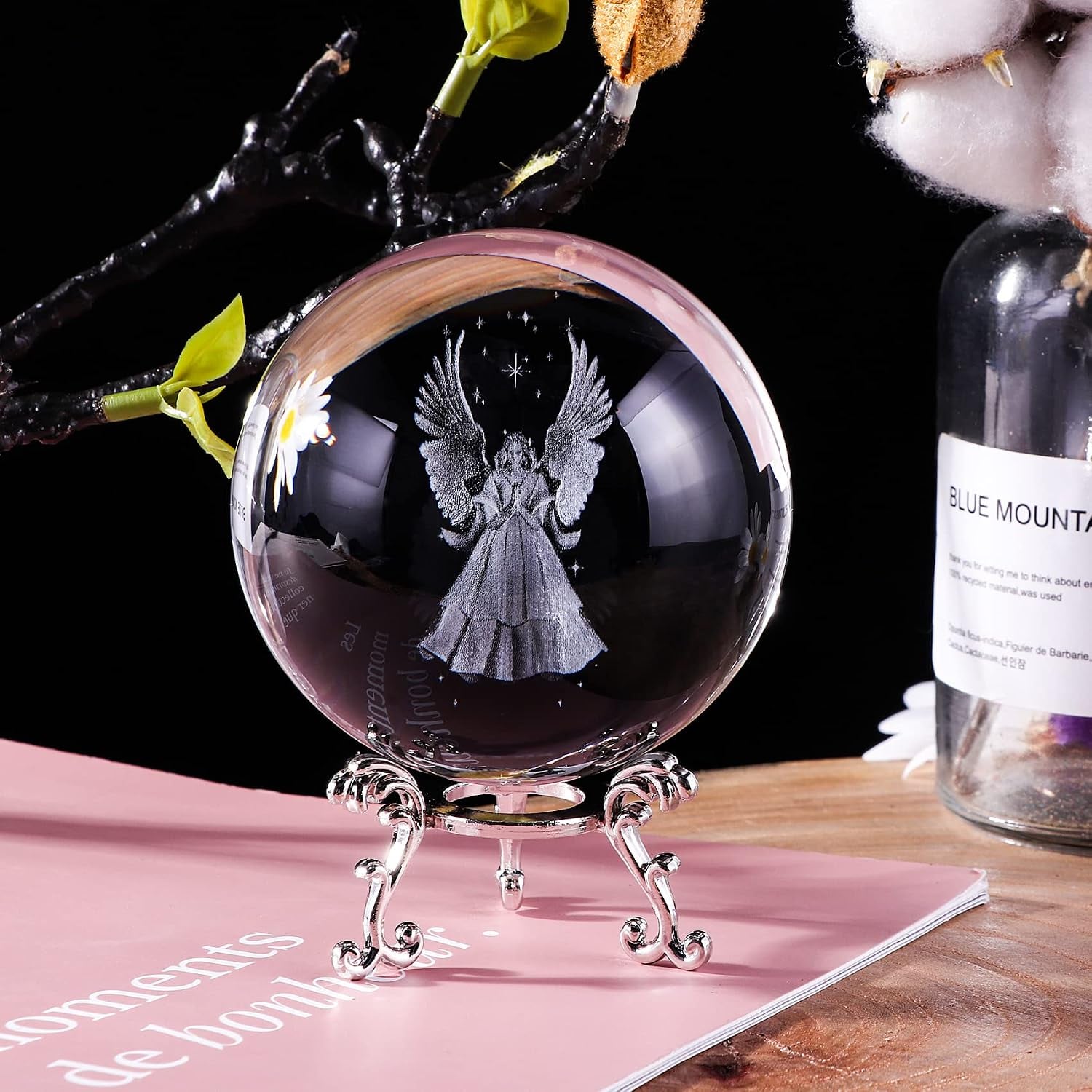 Guardian Angel Engraved Crystal Ball with Silver Stand