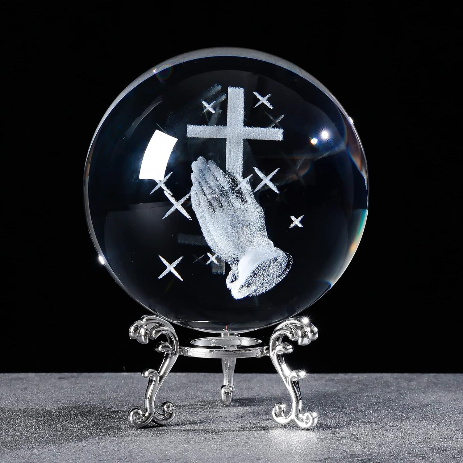 Guardian Angel Engraved Crystal Ball with Silver Stand